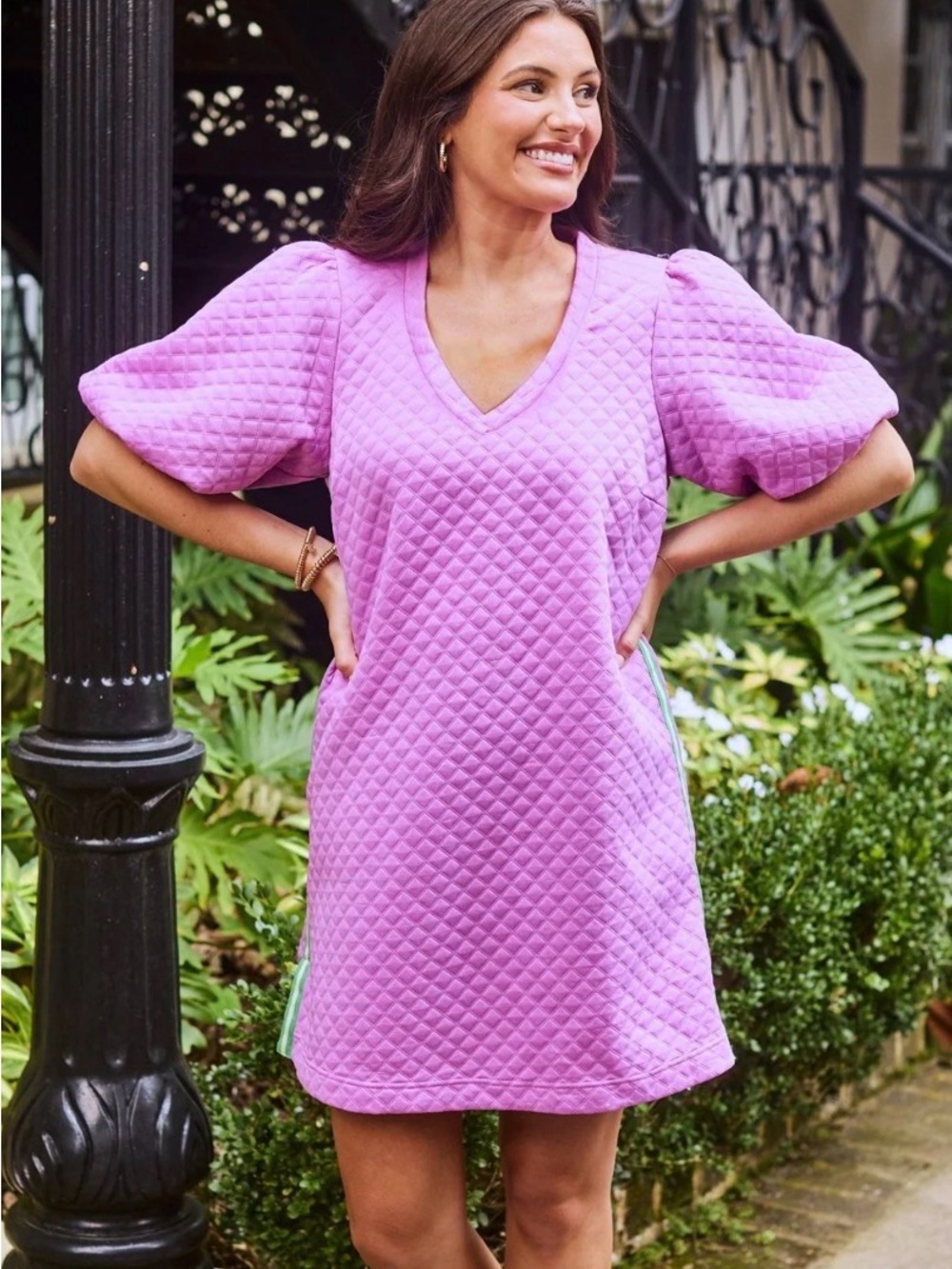 Mary Square Stacey Quilted Puff Sleeve Dress in Color Orchid